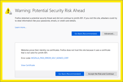 The insecure connection page with Advanced opened.